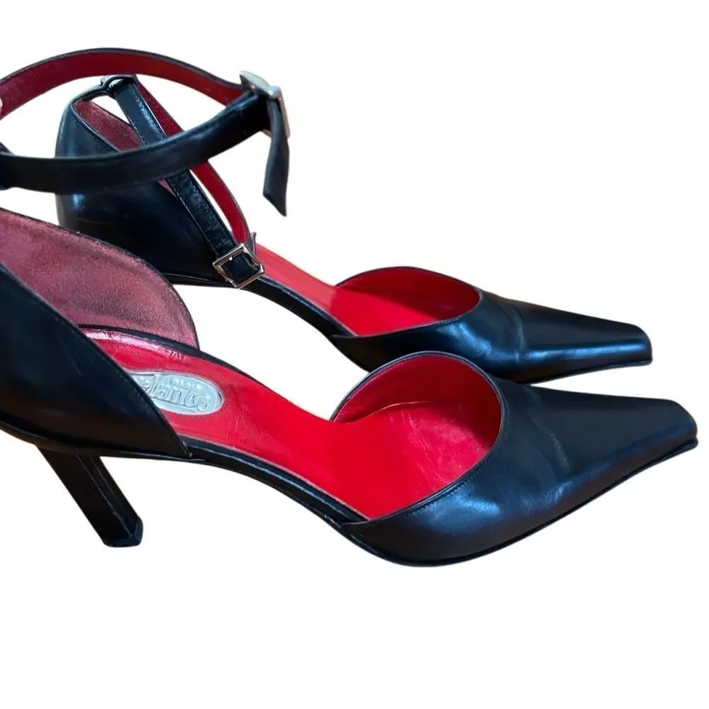 Free Lance Paris Black Leather Heels Ankle Strap Long Snip Toe EU 37 US 7